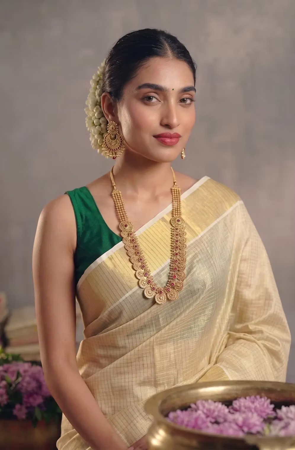 Kerala Kasavu Tissue Saree with Micro-Check Pattern & Golden Border