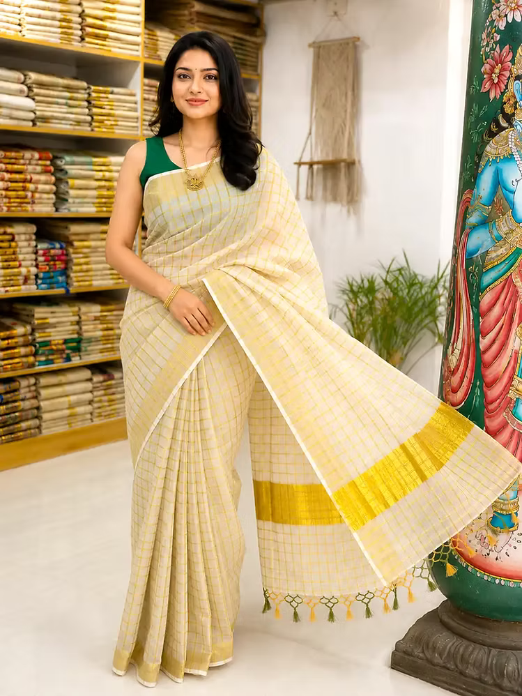 Pea Green Block Kasavu Tissue Saree with Tassels & Running Blouse