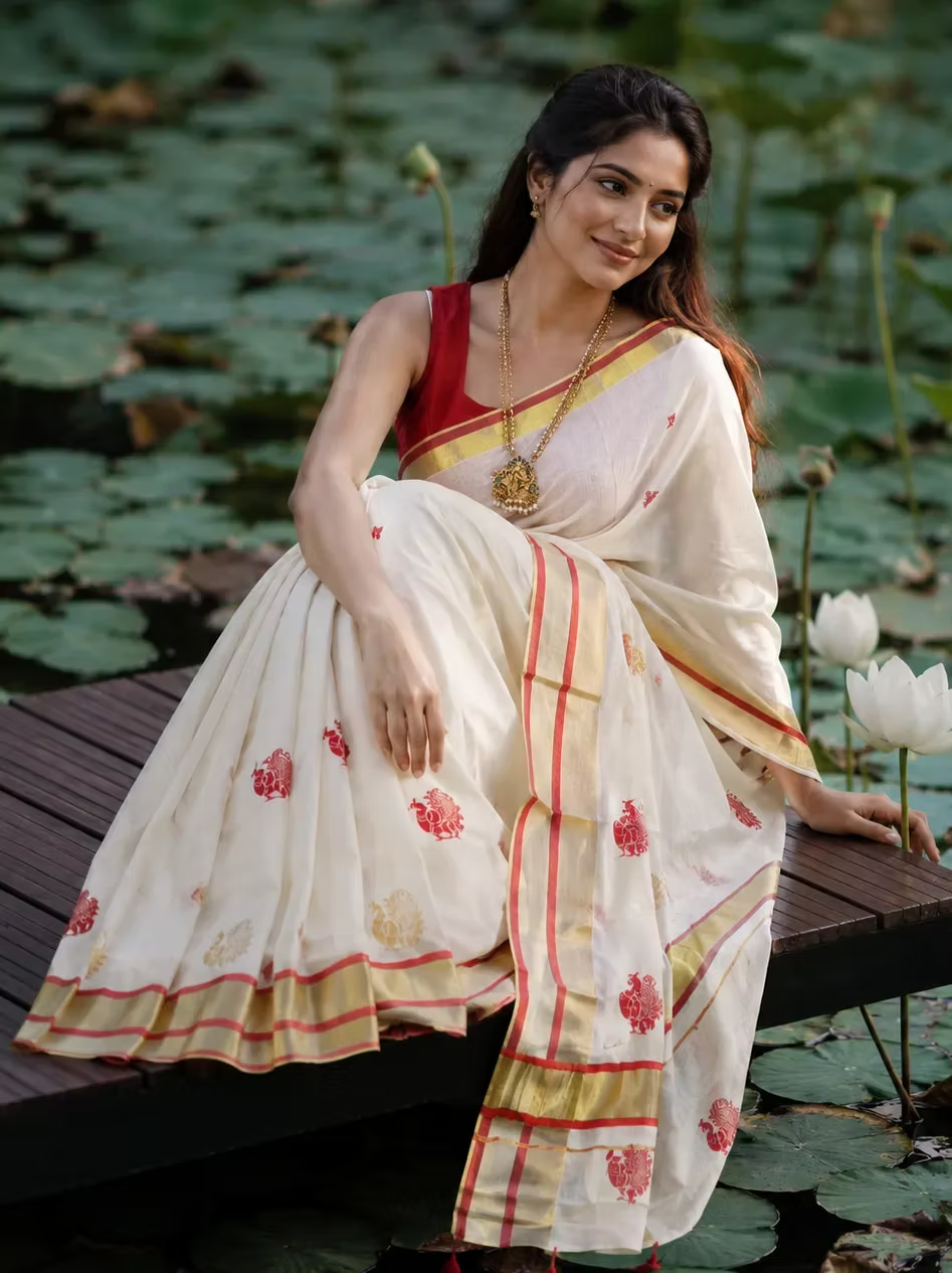 Premium Cotton Kasavu Saree with Red & Gold Peacock Motifs