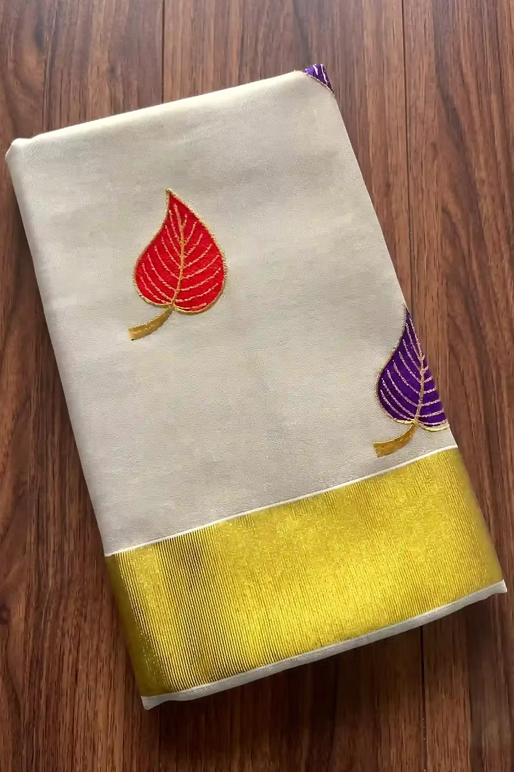 Red & Violet Leaf Embroidery Tissue Kerala Kasavu Saree with Blouse