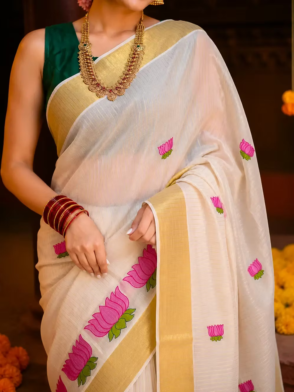 Pink Lotus Embroidery Motif Stripes Cotton Kasavu Saree with Tassels