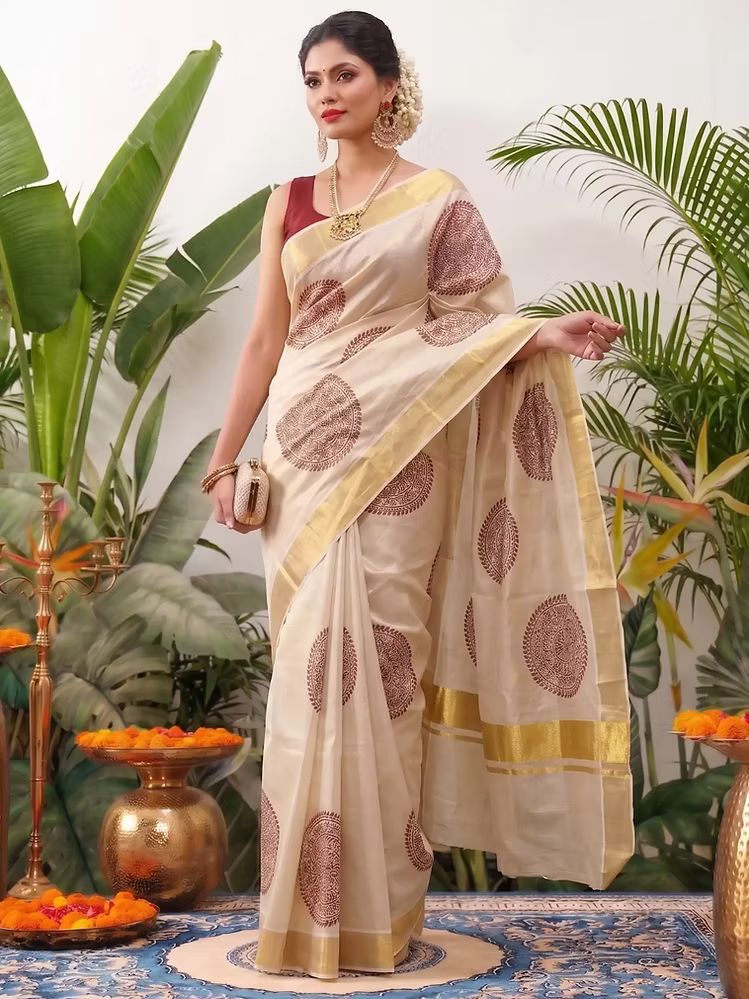 Crimson Chakra Motif Tissue Kerala Kasavu Saree with Blouse
