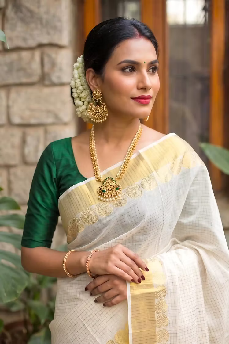 Golden Mango Jacquard Check Tassel Cotton Kerala Kasavu Saree