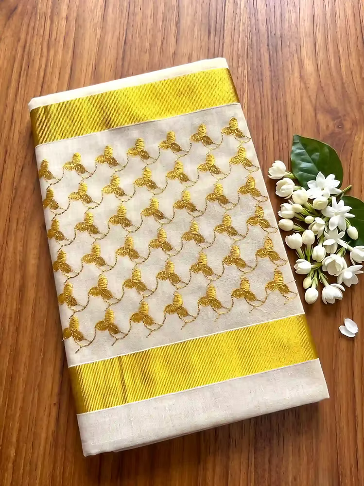 Traditional Golden Floral Embroidery Cotton Kerala Kasavu Saree