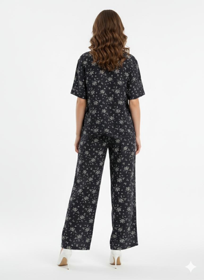 Women's Floral Linen Black Floral Palazzo Co-Ord Set | Modest Wear | GlamouraX