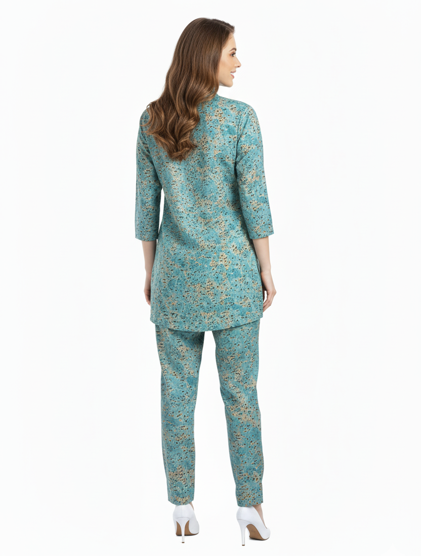 Teal Floral Print Rayon Kurti Co-Ord Set | Modest Wear | GlamouraX