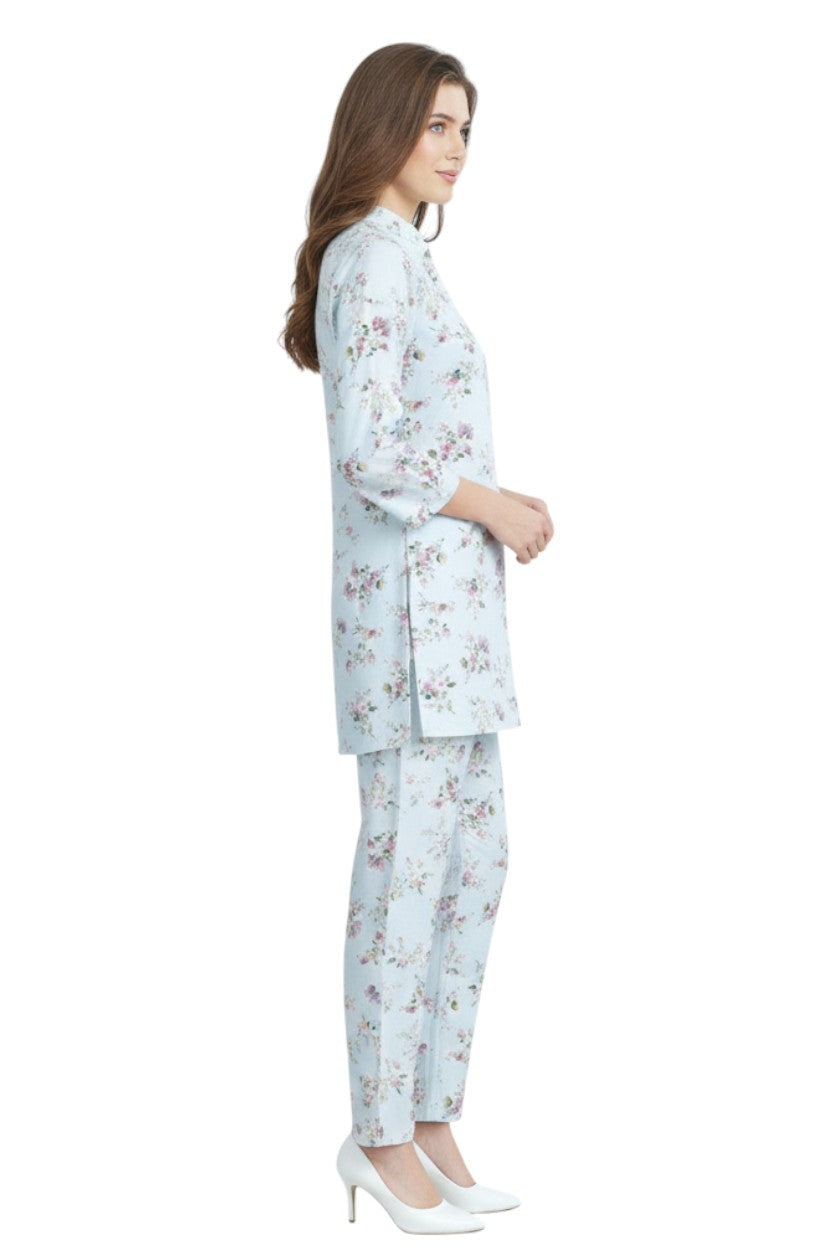 Glamoura X Light Blue Floral Kurti & Pant Co-ord Set | Rayon Modest Casual Wear