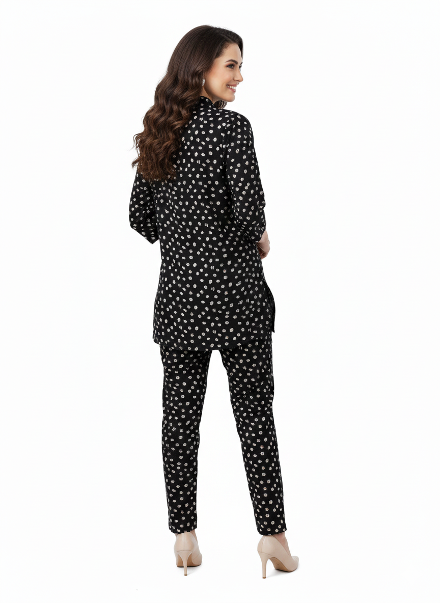 Glamoura X Midnight Polka Printed Kurti Co-ord Set | Black & White Modest Wear