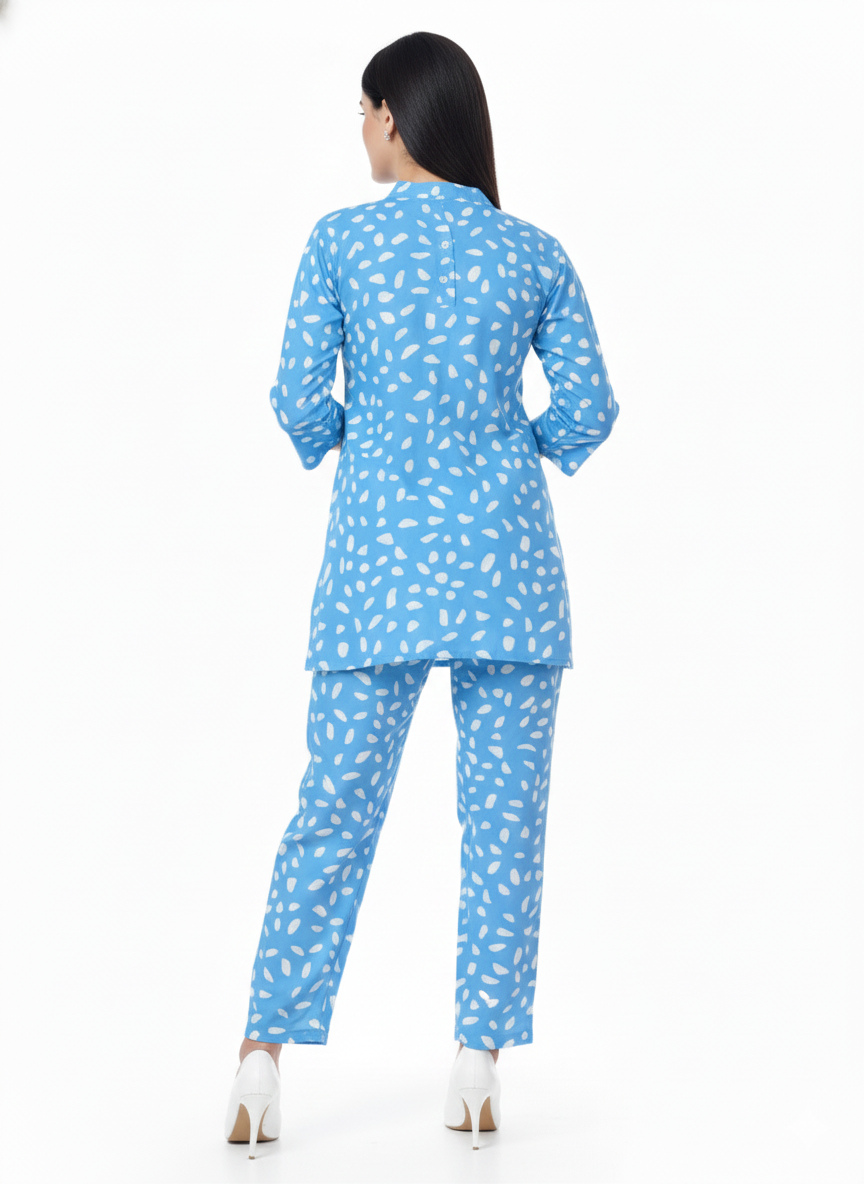 Glamoura X Azure Splash Printed Kurti Co-ord Set | Blue & White Modest Casual Wear