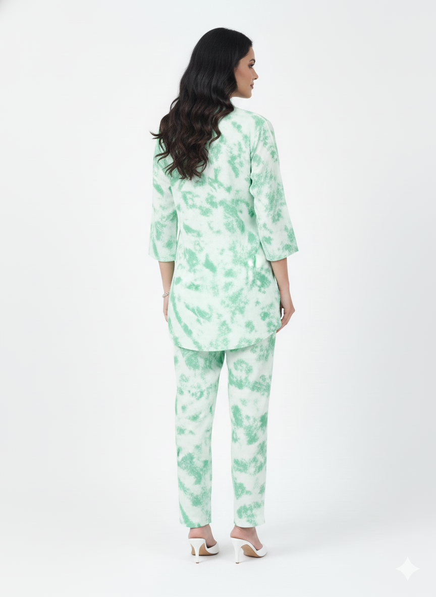 Glamoura X Mint Aura Tie-Dye Kurti Co-ord Set | Green & White Modest Casual Wear