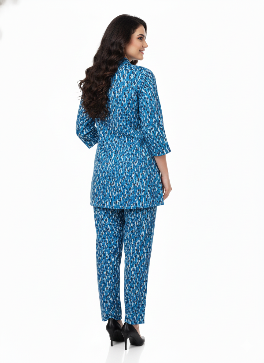 Glamoura X Indigo Ikat Printed Kurti Co-ord Set | Blue Abstract Modest Casual Wear