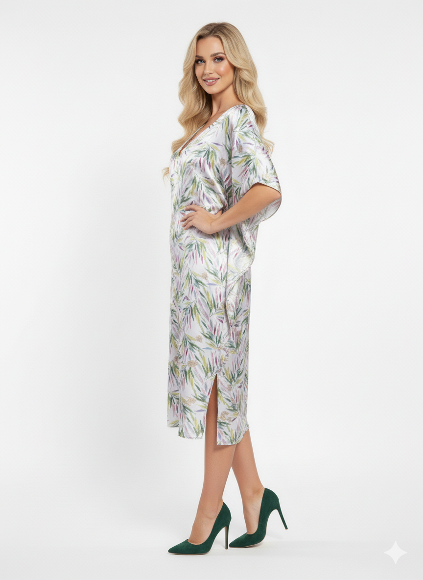 The Elegant Satin Tropical Leaf Print Kaftan ā GLAMOURA-X