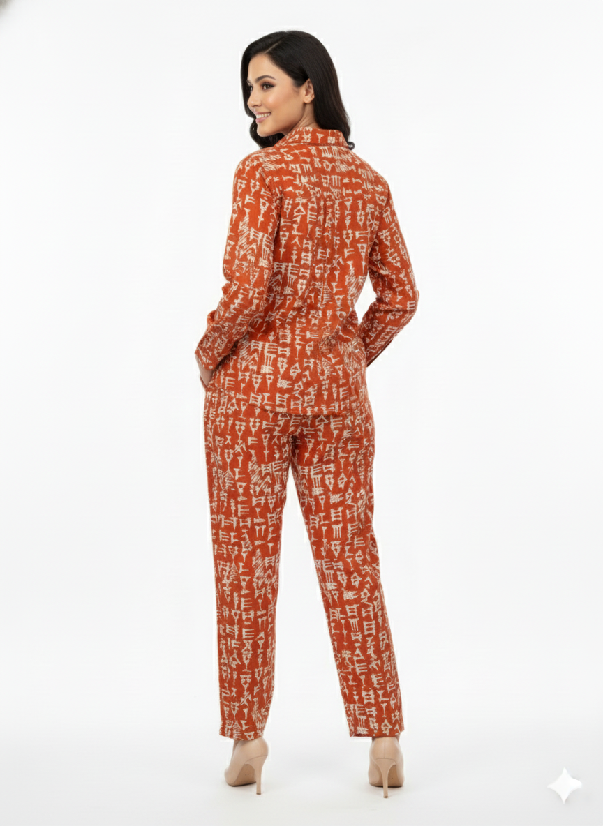Glamoura X Ancient Script Co-ord Set | Orange & Cream Geometric Print