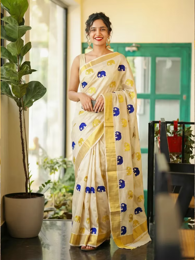 Denim Blue & Golden Gajah Embroidery Kasavu Tissue Saree