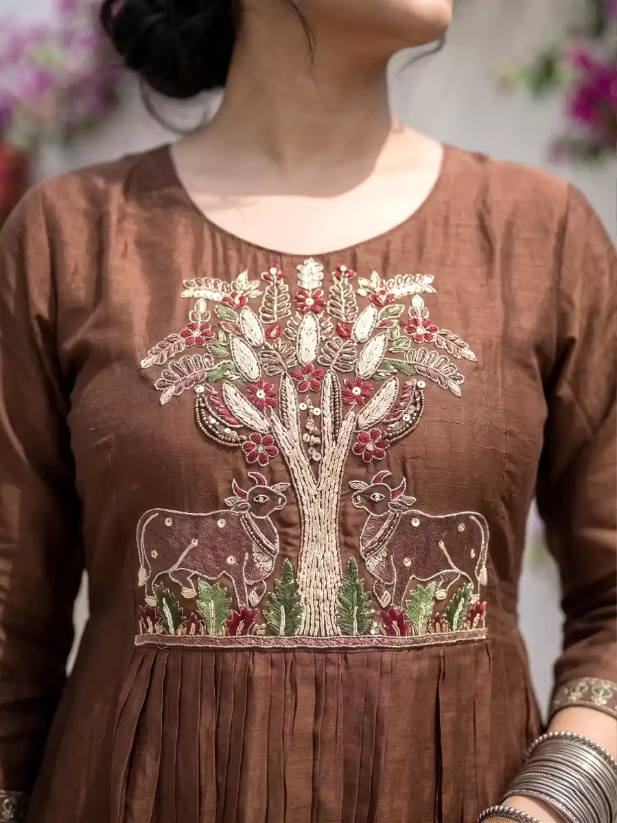 Chocolate Brown Silk Anarkali Kurta Set with Pichwai Embroidery & Duppatta