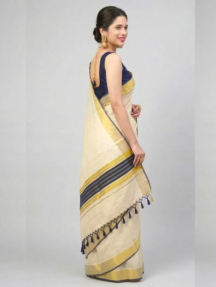 Kasavu Tissue Saree with Berry Blue Border & Stripes