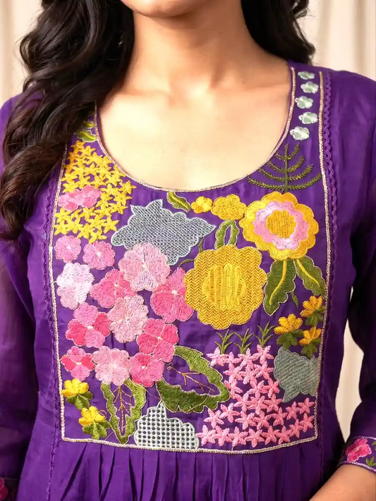 Amethyst Garden Motif Kurta Set with Intricate Floral Bodice Detailing