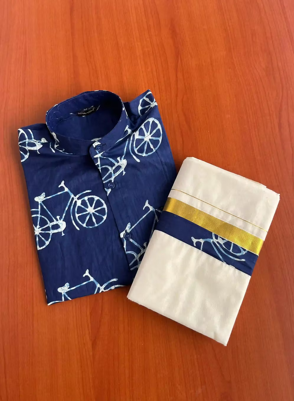 Blue Cycle Light Cotton Shirt & Kasavu Dhoti Combo