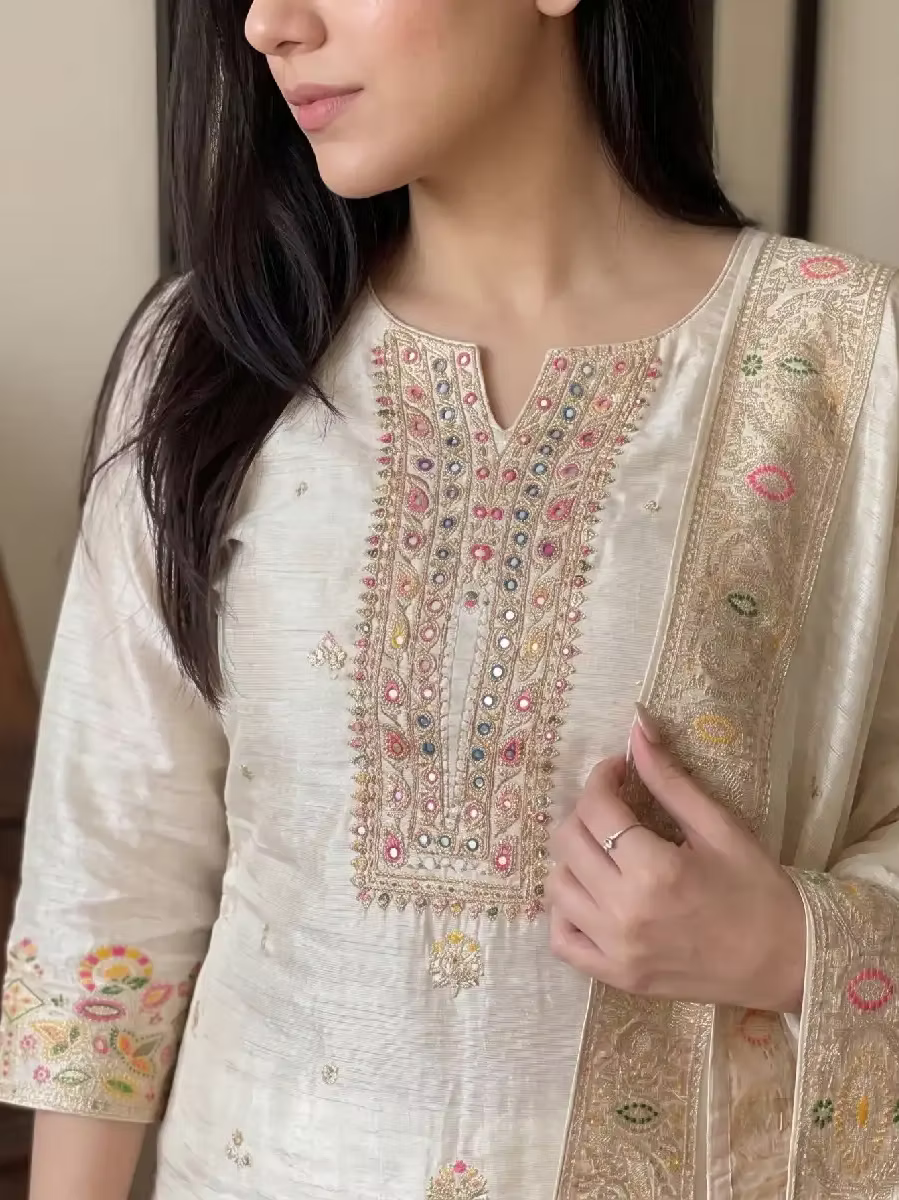 Multicolor Embroidered Tissue Women Kurta Set