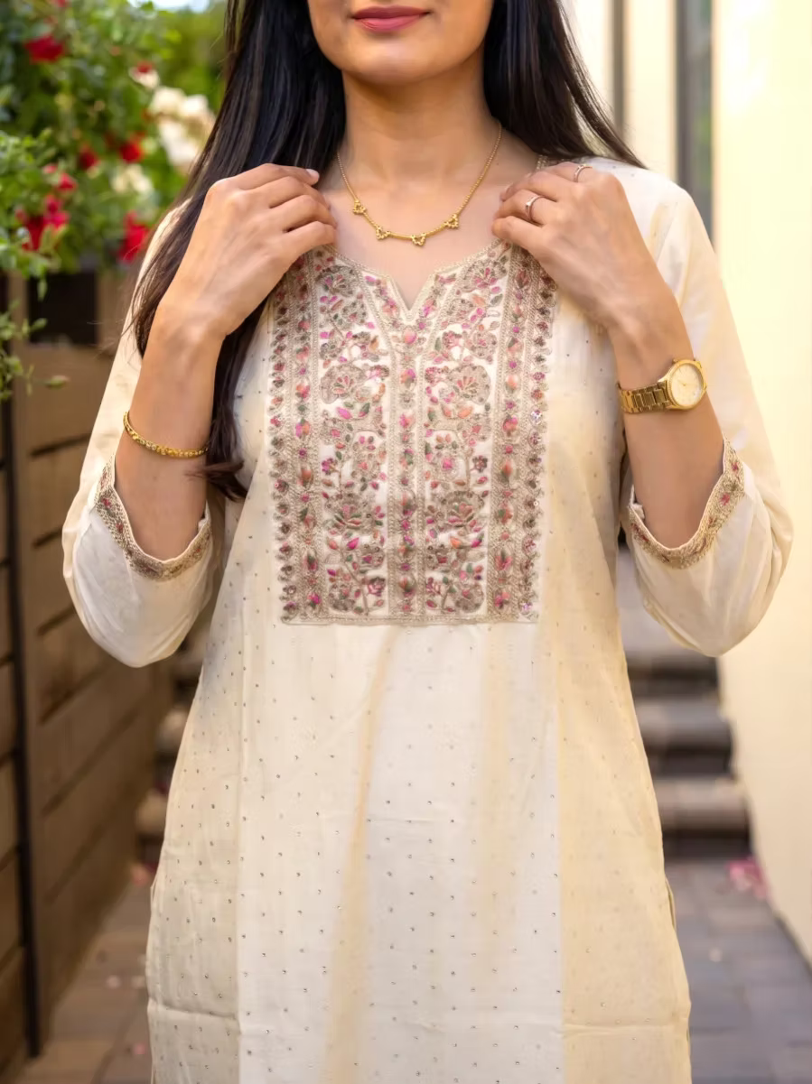 Ivory Kurti with Floral Embroidery & Three-Quarter Sleeves