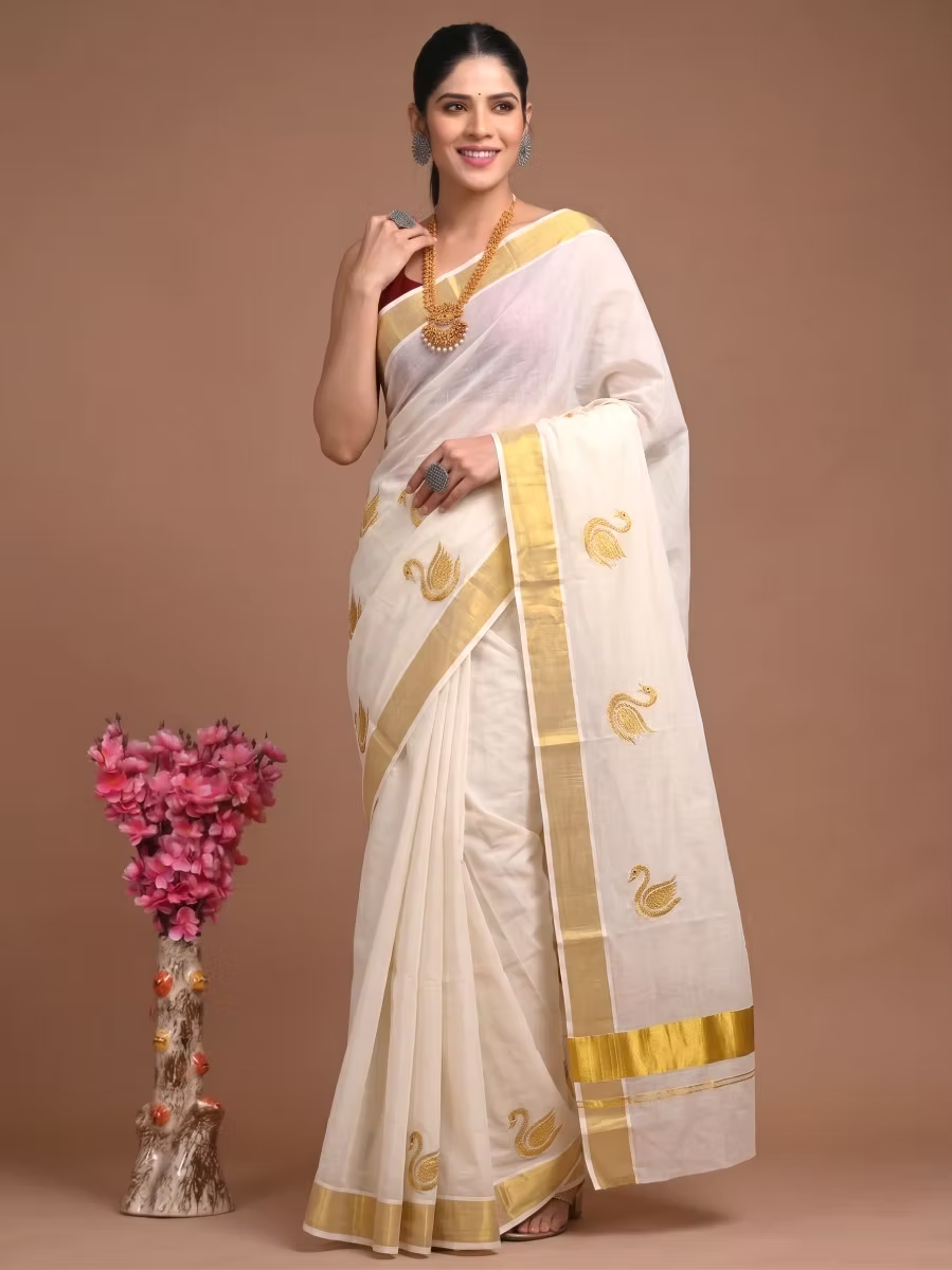 Golden Swan Embroidery Kasavu Cotton Saree with Running Blouse