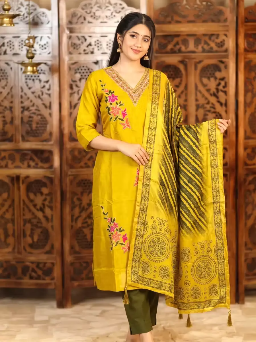 Mustard Yellow Silk Blend Kurta Set with Floral Embroidery & Leheriya Dupatta