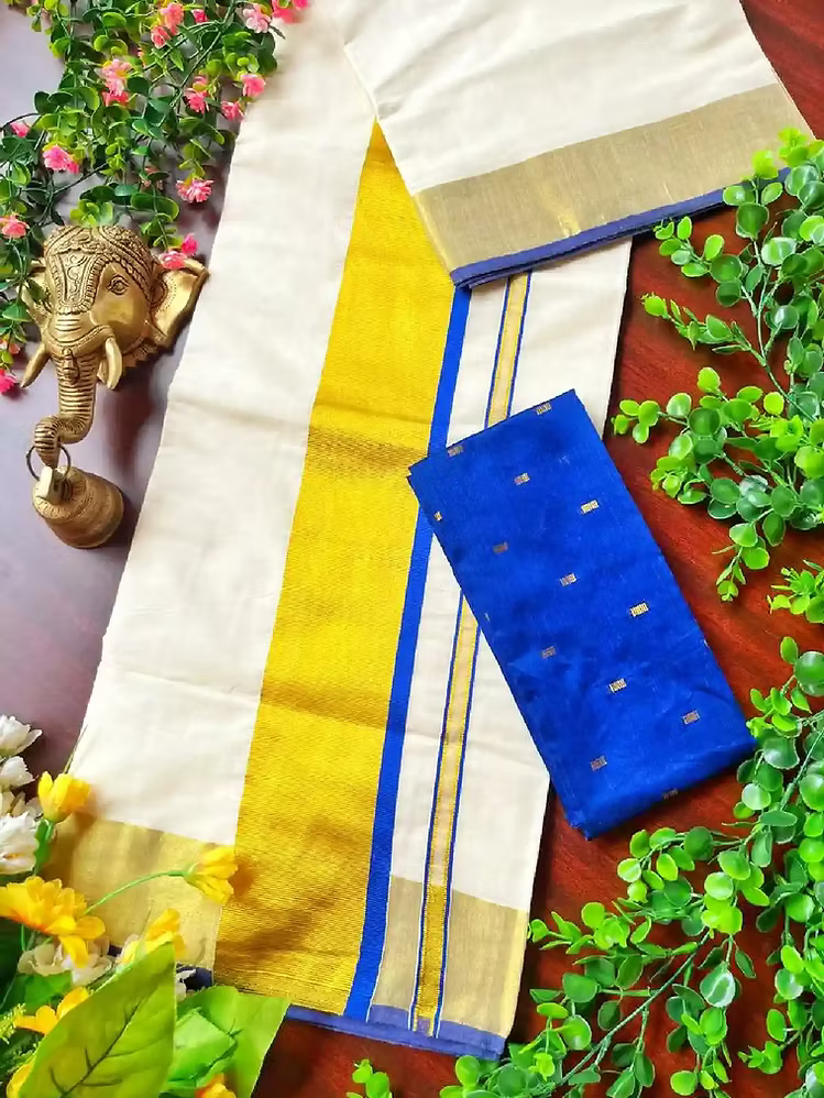 Premium Blue Kasavu Cotton Saree with Blouse