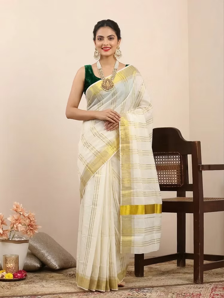 Maroon & Black Stripe Cotton Kasavu Saree with Golden Border