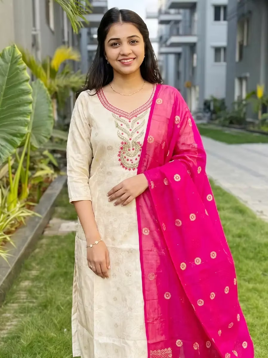 Gold & Pink Banarasi Silk Kasavu Kurta Set