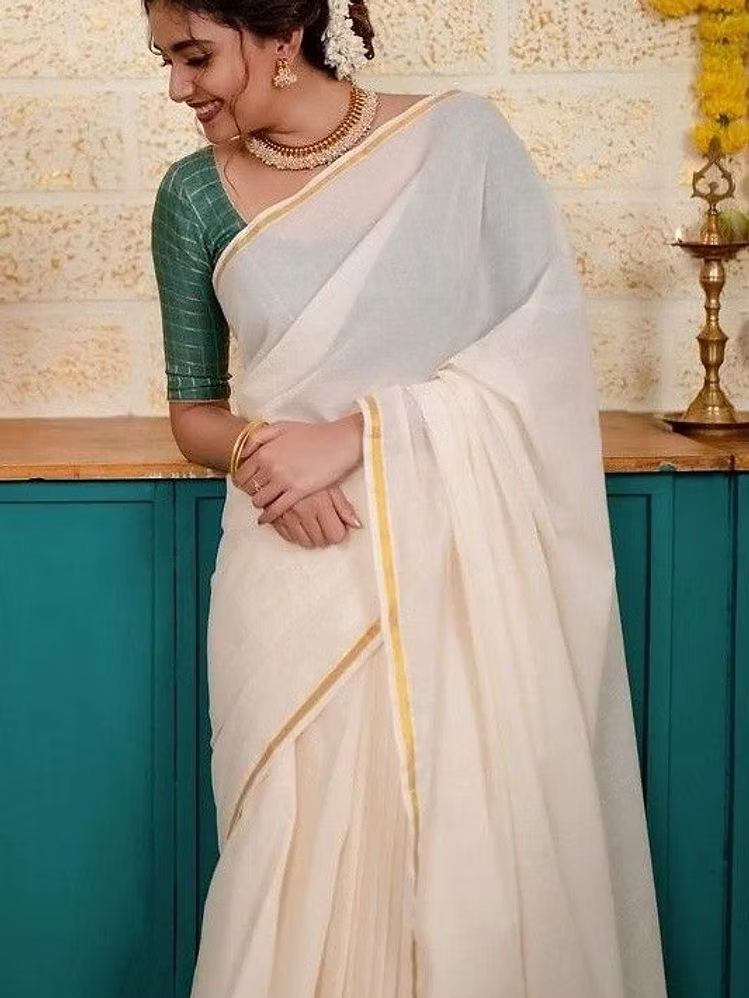 Traditional Thin Kasavu Cotton Saree with Running Blouse