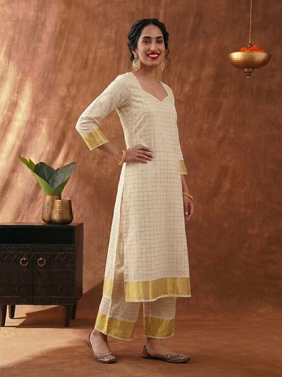 Block Designer Cotton Kasavu Kurti Set
