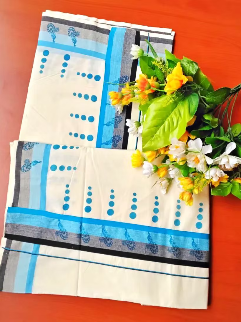 Peacock Dotto Blue & Black Kara Pure Cotton Kuthampully Saree