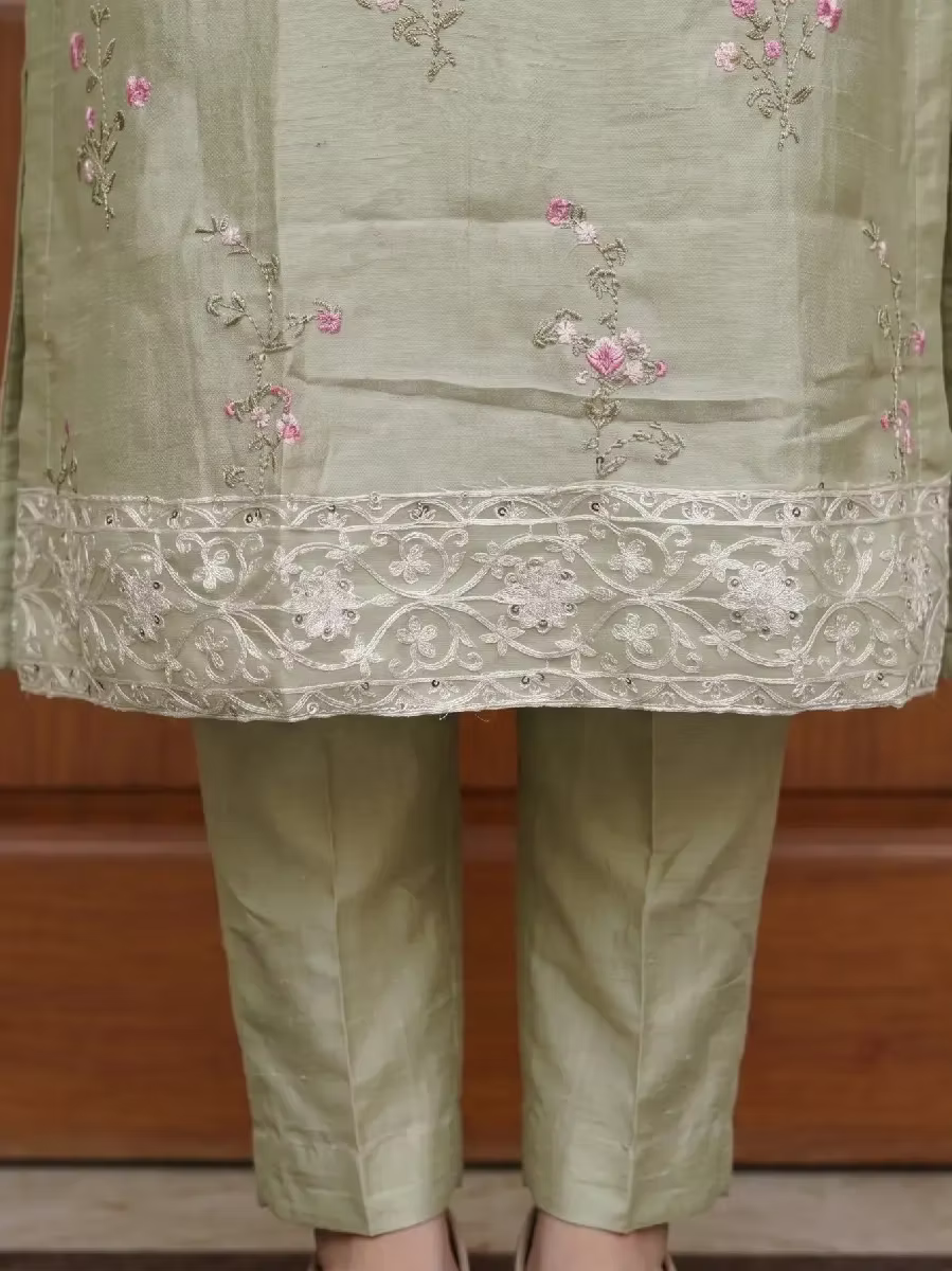 Sage Green Chanderi Silk Kurta Set with Floral Embroidery & Organza Dupatta