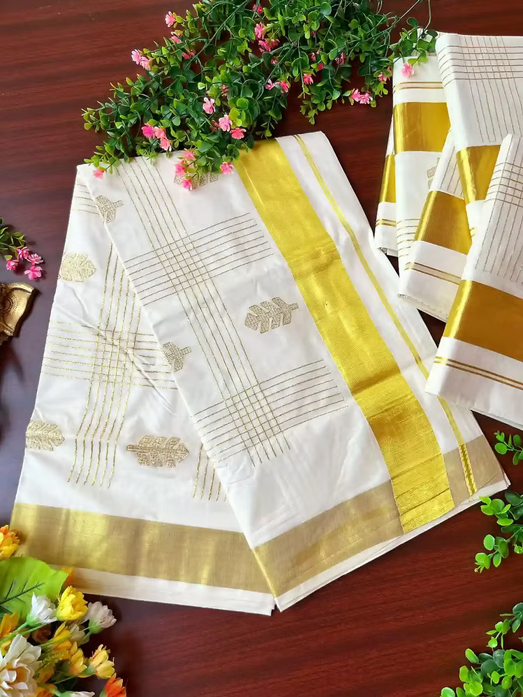 Golden Embroidery Kasavu Cotton Saree with Running Blouse