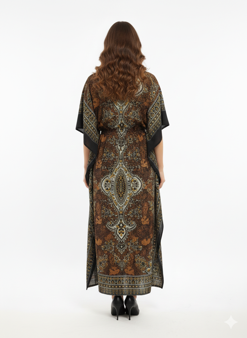 Bronze Earth Artisanal Paisley Drawstring Kaftan | Beach Wear β GLAMOURA-X