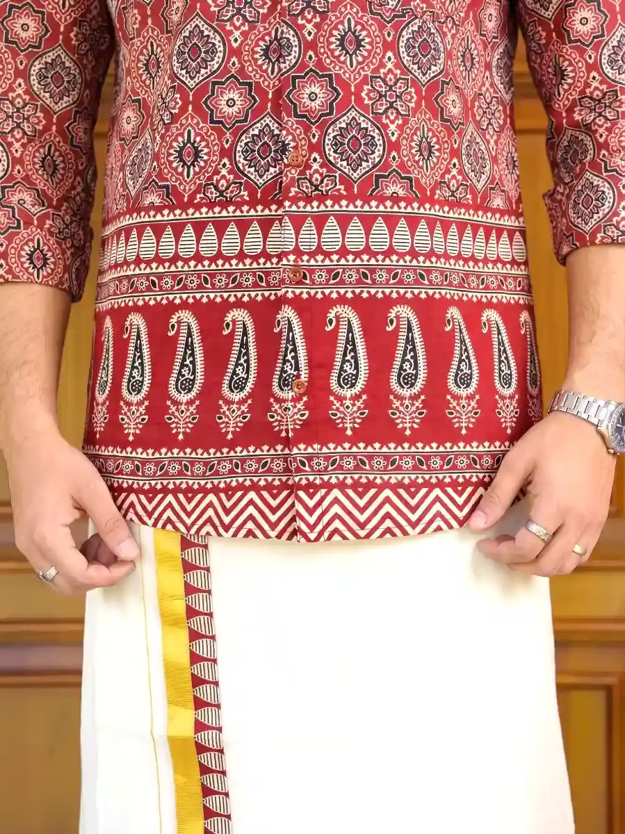 Maroon & Black Mango Ajrakh Shirt and Kasavu Mundu Dhoti Combo Set
