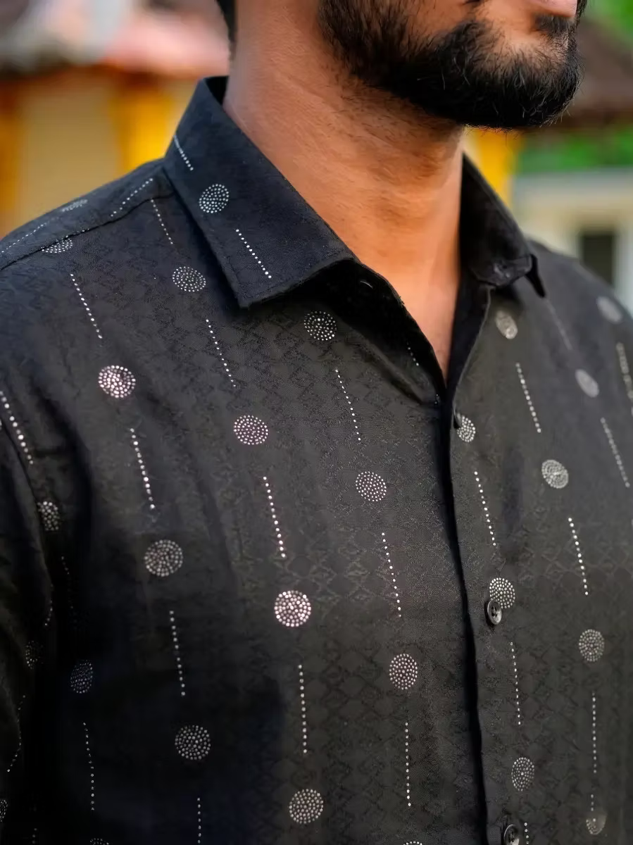 Black Silver Dot Motif Cotton Shirt and Silver Kasavu Mundu Dhoti Combo Set