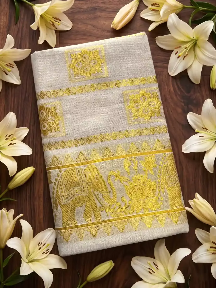 Golden Gajah Floral Jacquard Tissue Kerala Kasavu Saree