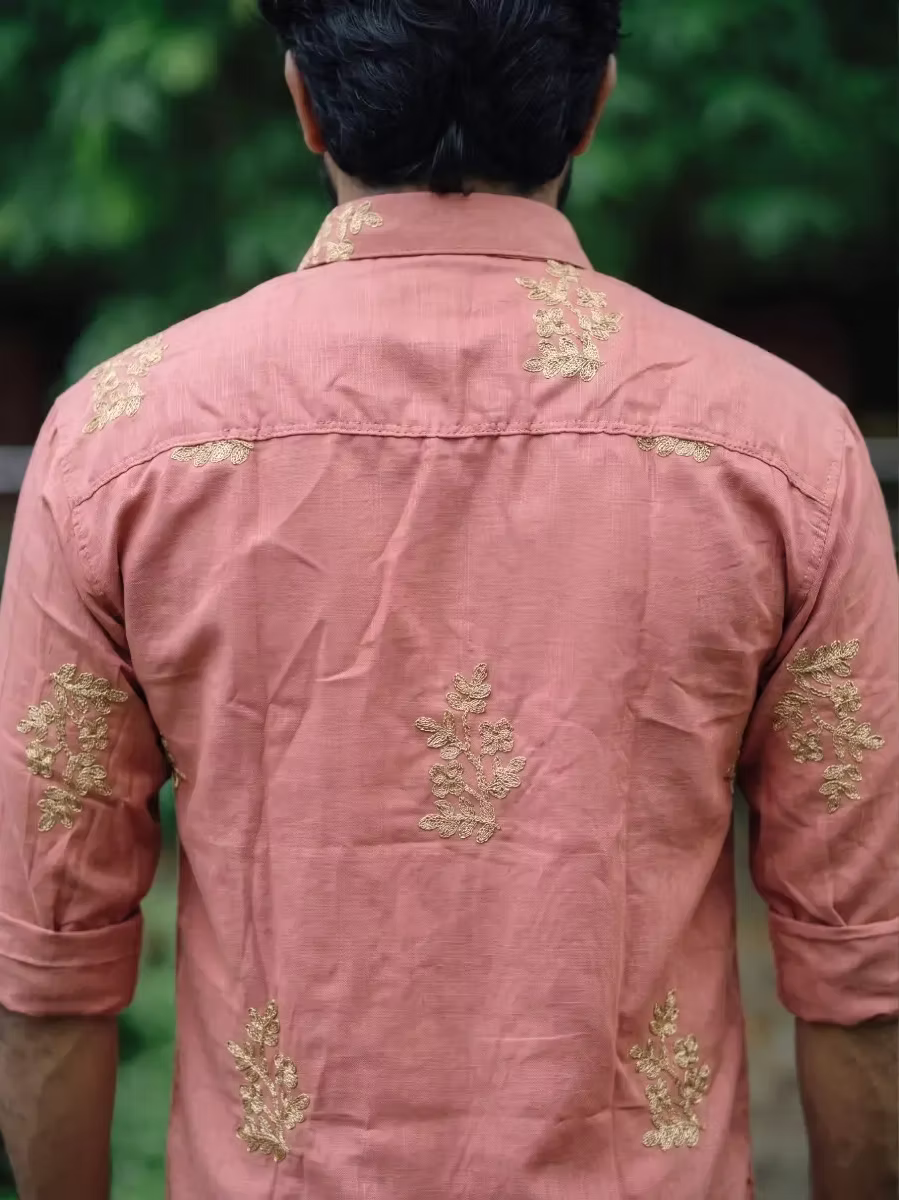 Dusty Rose Botanical Embroidered Cotton Shirt and Kasavu Mundu Dhoti Combo