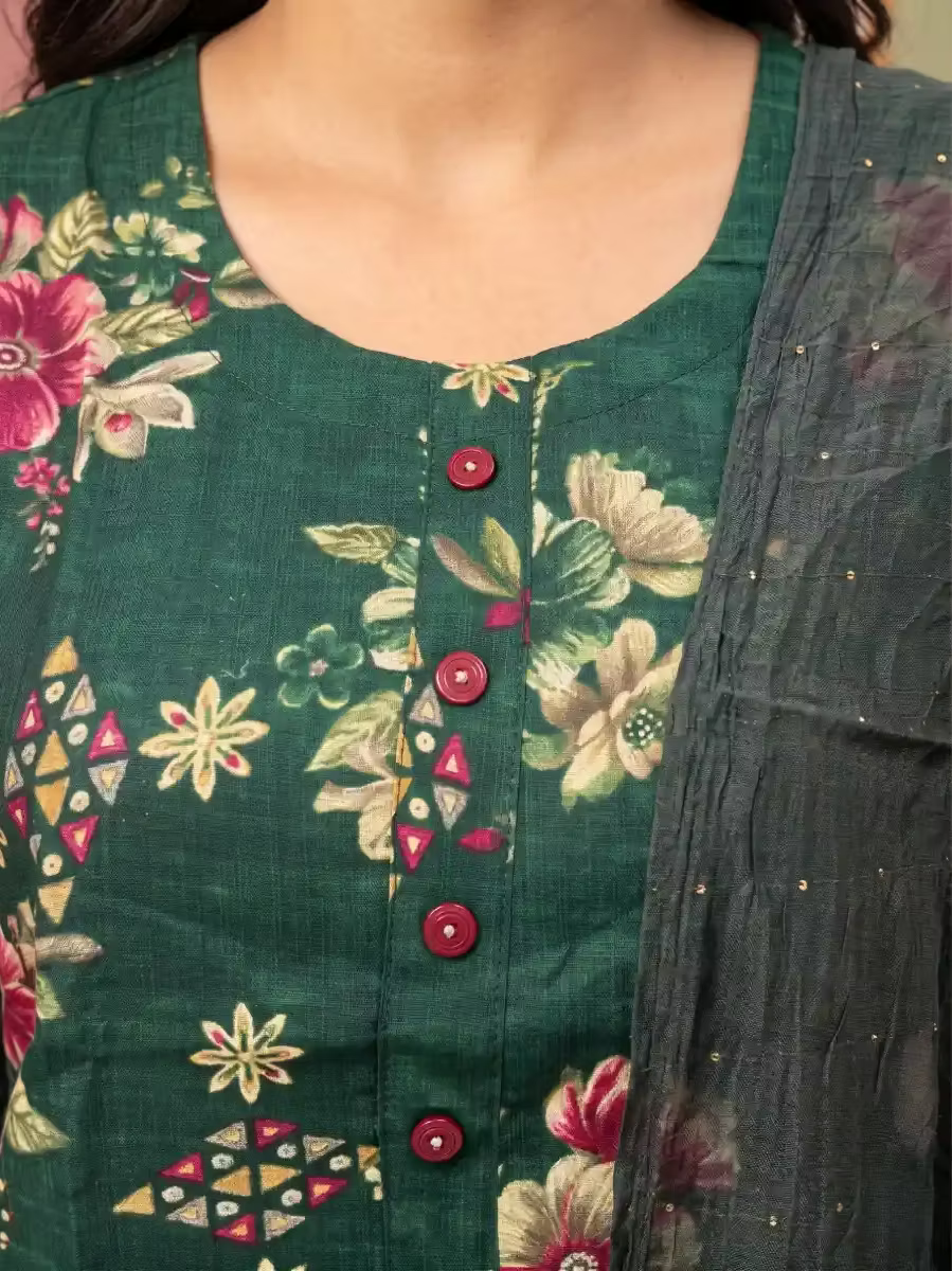 Deep Green Floral Printed Kurta Set with Dupatta
