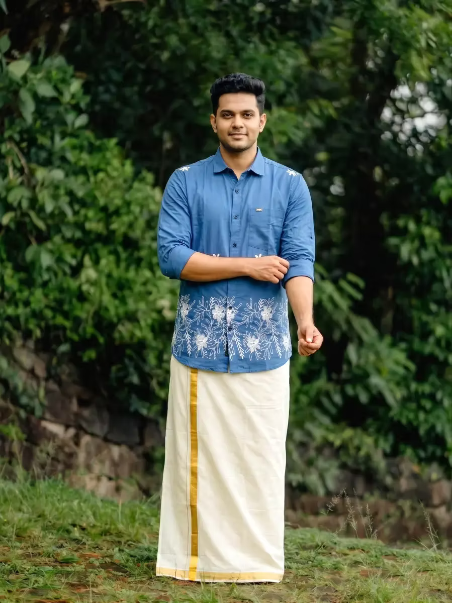 Blue Floral Vine Embroidered Cotton Shirt and Kasavu Mundu Dhoti Combo