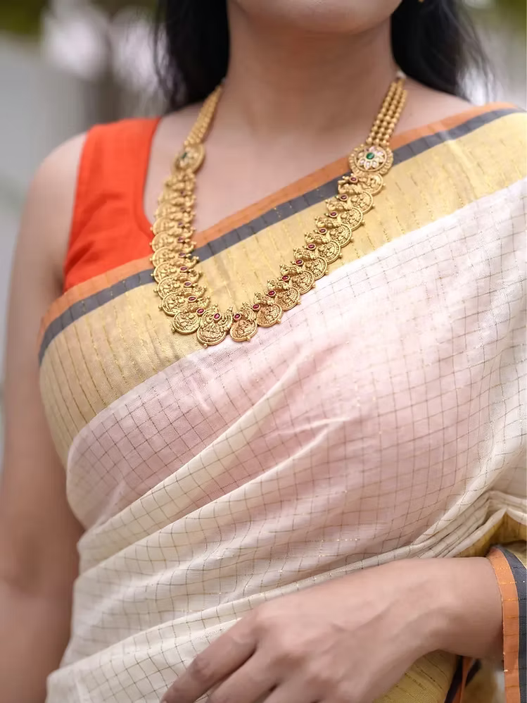 Micro Checks Cotton Kasavu Saree with Black & Orange Border