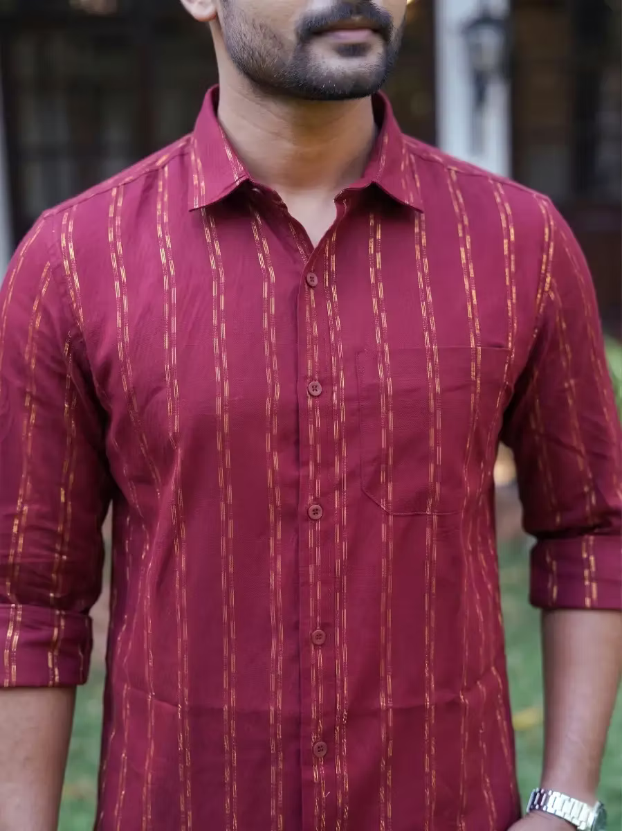 Deep Maroon & Golden Linear Cotton Shirt and Kasavu Mundu Dhoti Combo