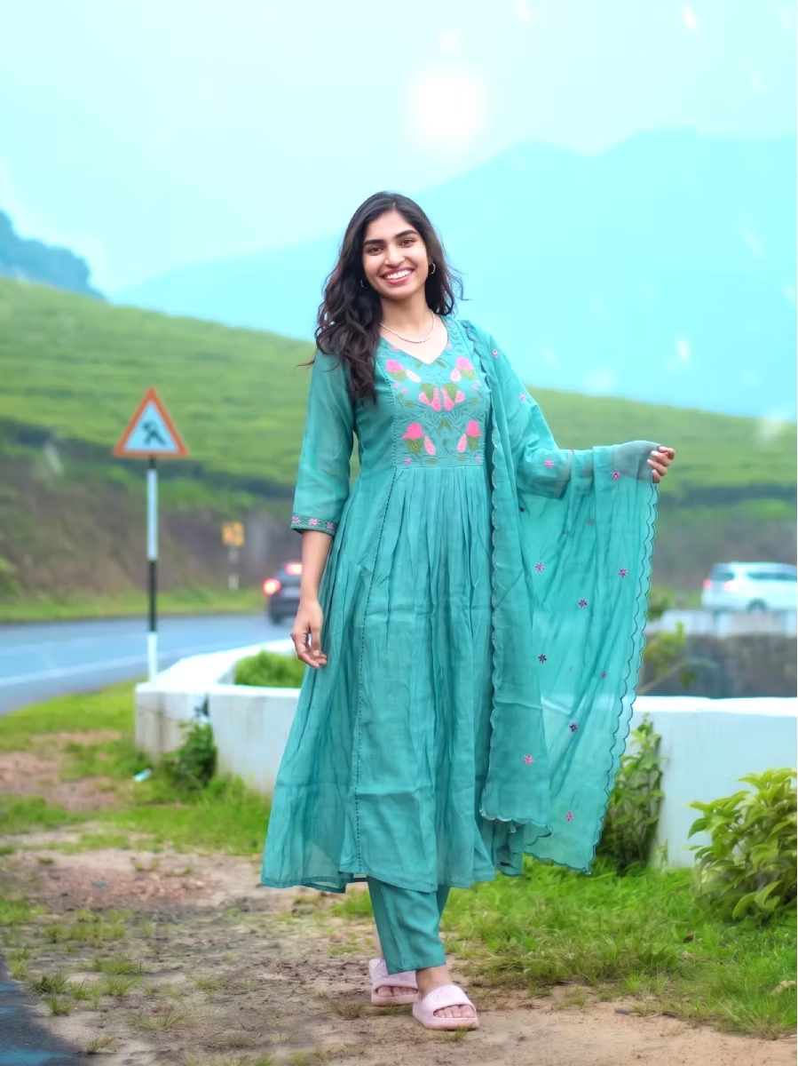Teal Green Floral Chandheri Kurta Set with Dupatta