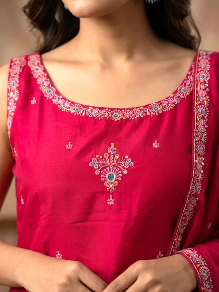 Fuchsia Pink Floral Embroidered Silk Blend Kurta Set with Dupatta
