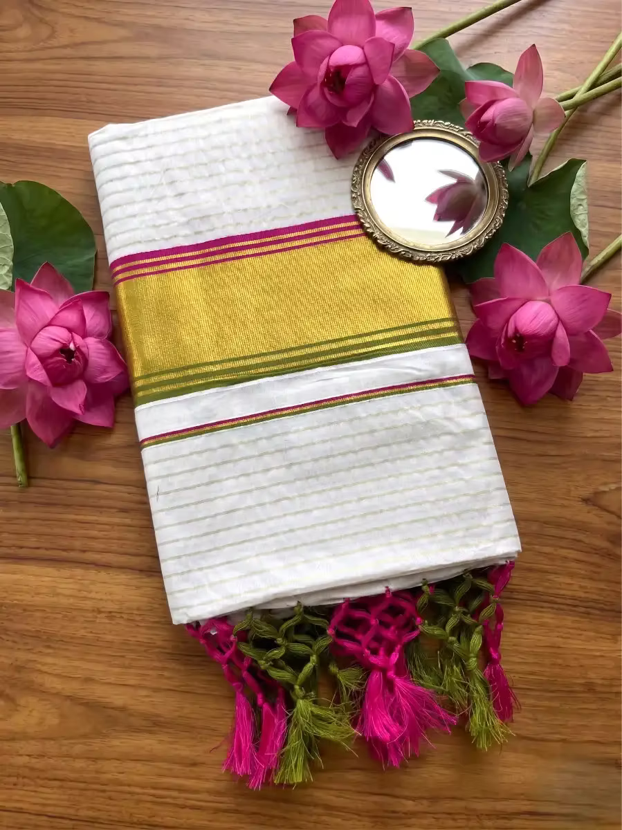 Traditional Pea Green & Pink Stripe Kasavu Saree With Gold Zari Border