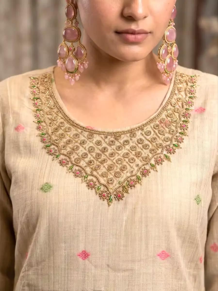 Beige Tussar Silk Salwar Kurta Set Suit with Zardosi Neck Work