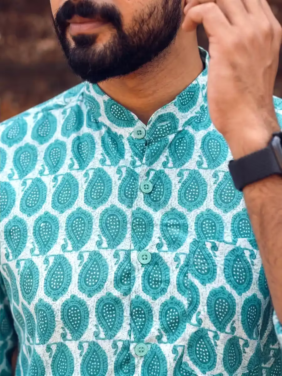 Turquoise Mango Ajrak Shirt & Kasavu Mundu Dhoti Combo