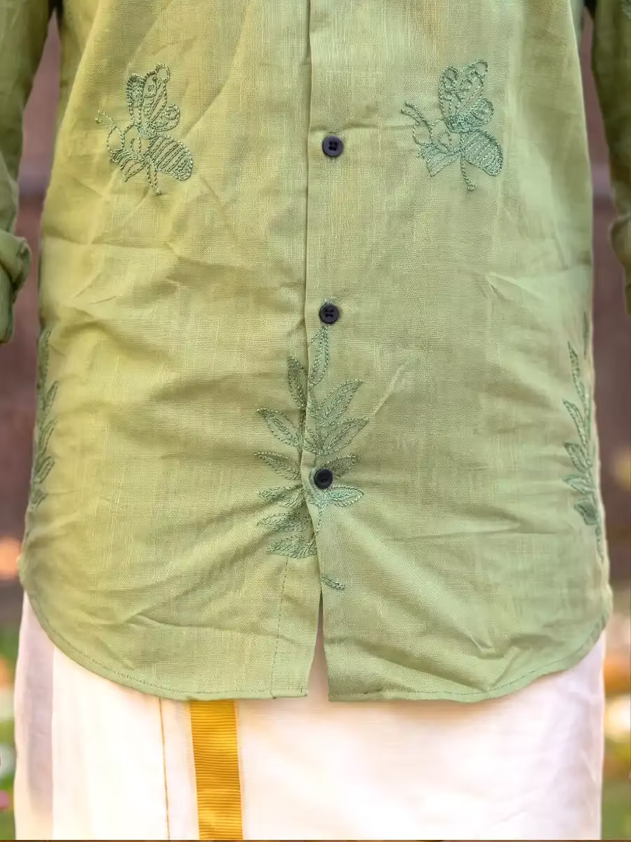 Sage Green Leaf Embroidered Cotton Shirt and Kasavu Mundu Dhoti Combo