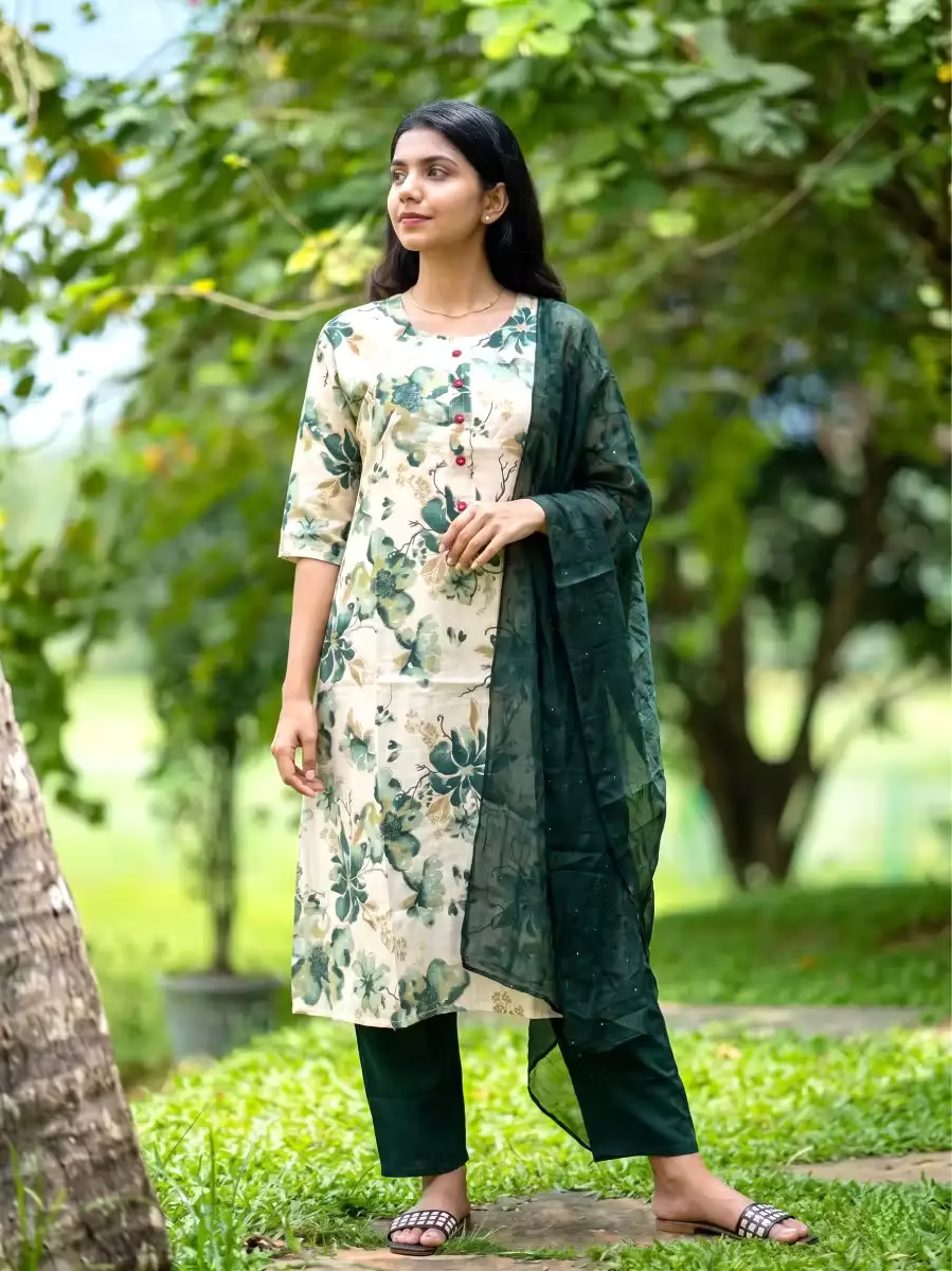Olive Green Floral Viscose Rayon Kurta Set with Dupatta